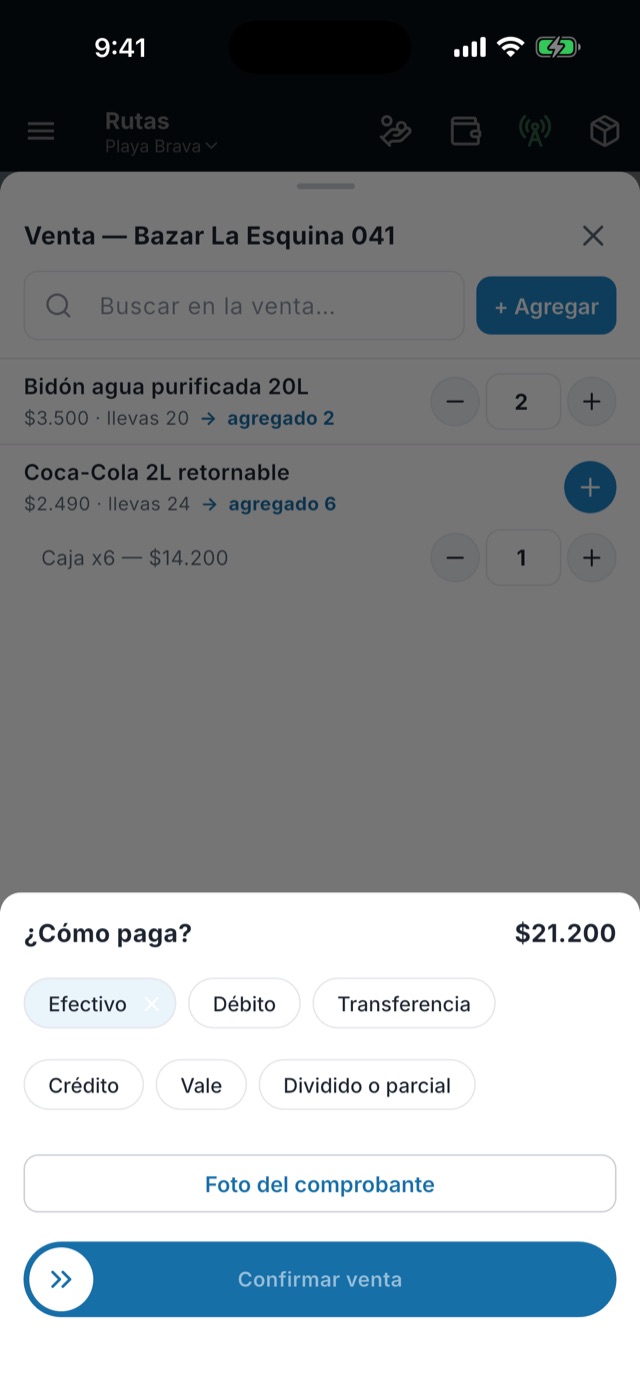 App del repartidor: las formas de pago al cerrar una entrega.