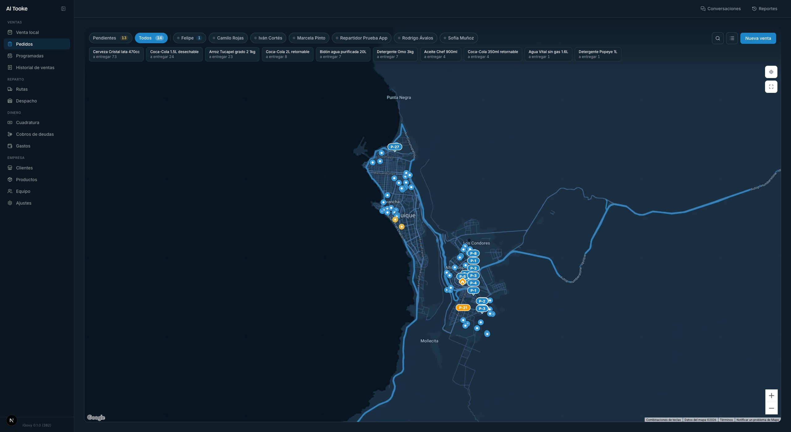 Panel de iGovy: los pedidos del día sobre el mapa de Iquique, con un filtro por repartidor y la lista de productos por entregar.